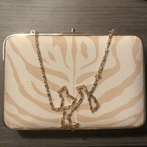 J McLaughlin cream zebra print clutch handbag